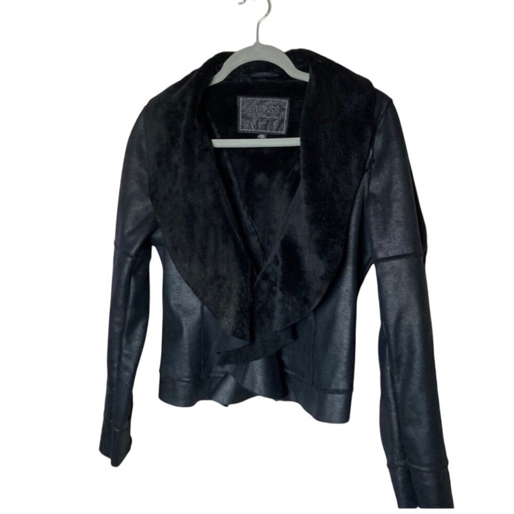 GUESS 1981 Faux Leather Jacket Roll Faux Fur Collar‎ &Lining Black Size M